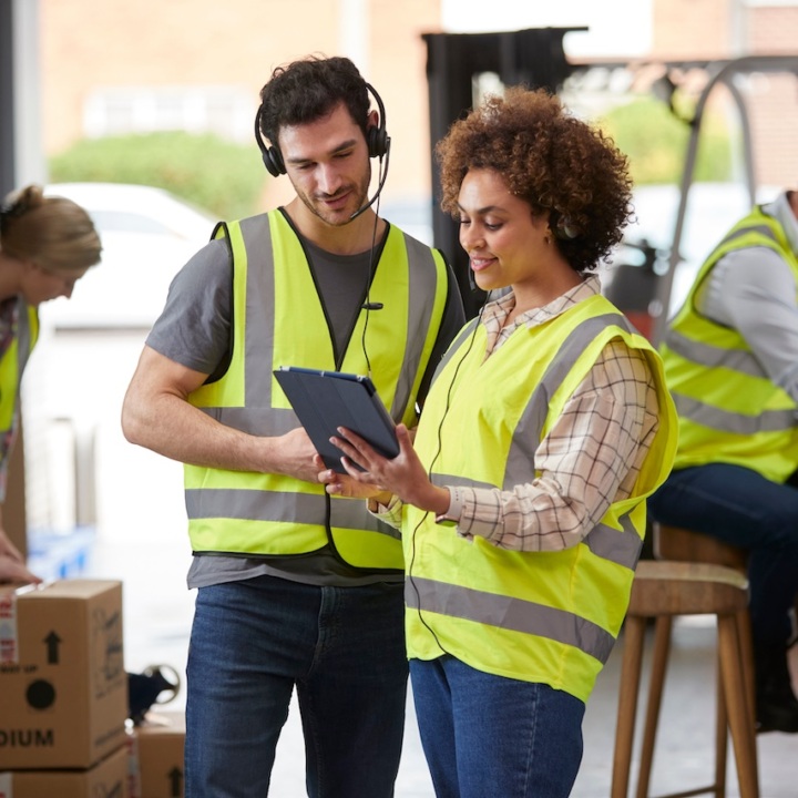 Male And Female Workers Wearing Headsets In Logistics Distribution Warehouse Using Digital Tablet