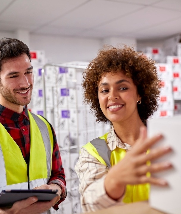 Male And Female Workers In Logistics Distribution Warehouse Using Digital Tablet