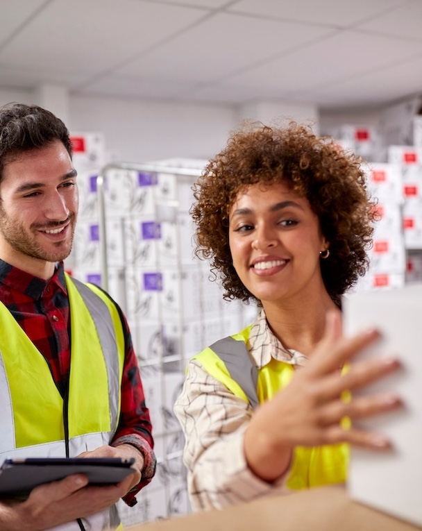 Male And Female Workers In Logistics Distribution Warehouse Using Digital Tablet