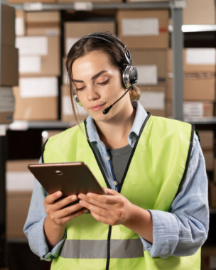 Female worker wearing headsets in logistics warehouse working with inventory app using digital tablet