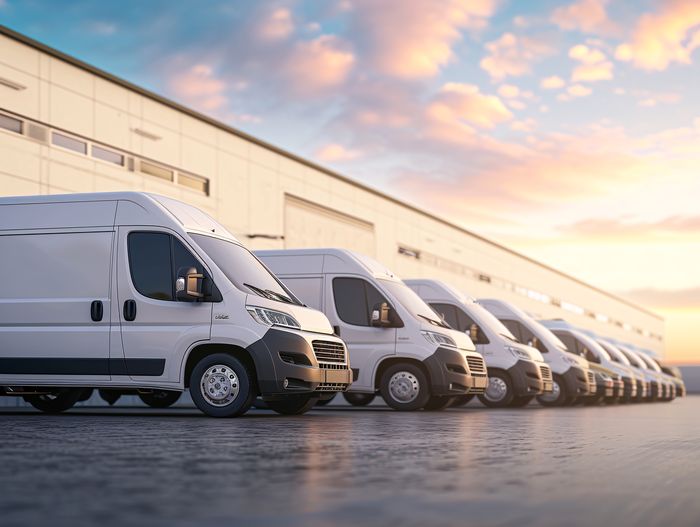 Fleet of white delivery vans parked at a logistics warehouse during sunrise.