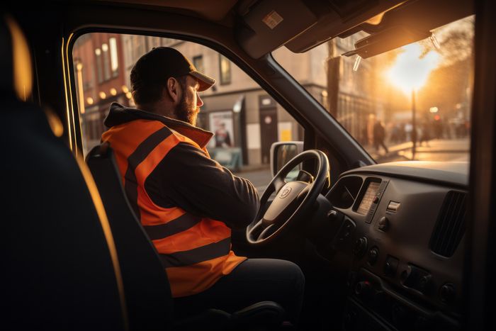 A professional courier driver wearing a high-visibility vest sits behind the wheel of a delivery van as the sun sets over a city street.