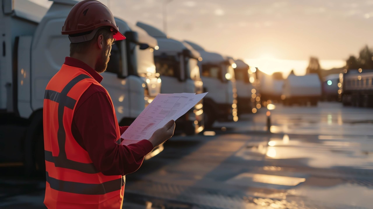 Worker in safety vest and helmet inspecting documents near parked trucks at sunrise, logistics and transportation industry.