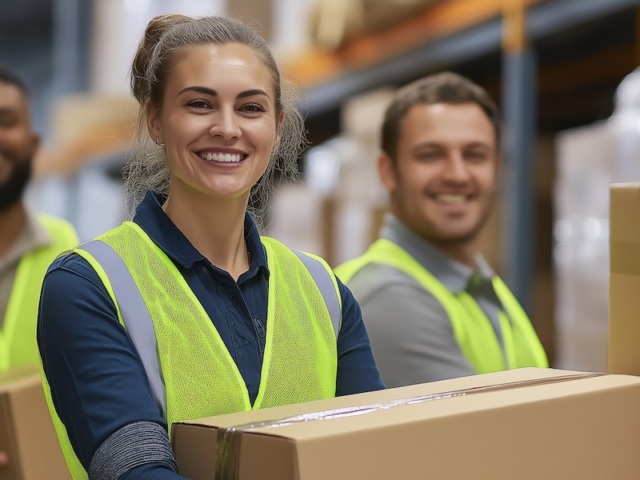 A woman wearing a yellow vest is smiling as she carries a box. She is surrounded by two men in yellow vests