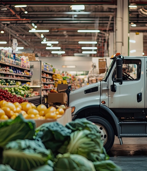 Fresh Produce Delivery: A Refrigerated Truck Arrives at a Bustling Grocery Store, Ready to Stock Shelves with the Best of the Harvest.