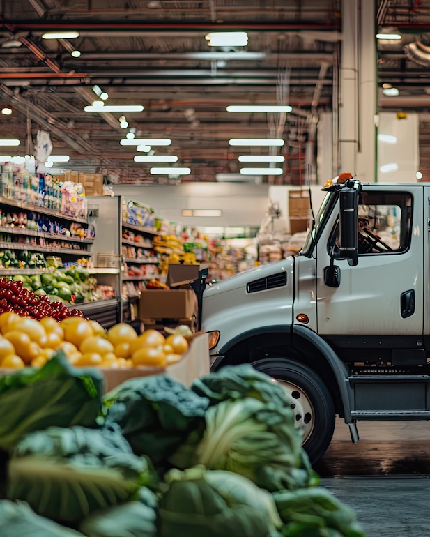 Fresh Produce Delivery: A Refrigerated Truck Arrives at a Bustling Grocery Store, Ready to Stock Shelves with the Best of the Harvest.