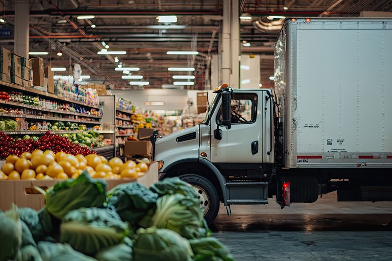 Fresh Produce Delivery: A Refrigerated Truck Arrives at a Bustling Grocery Store, Ready to Stock Shelves with the Best of the Harvest.