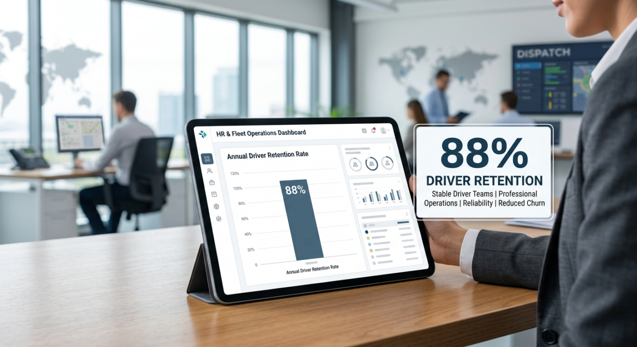 A dashboard featuring a clear bar chart showing a strong “Annual Driver Retention Rate” of 88%. 