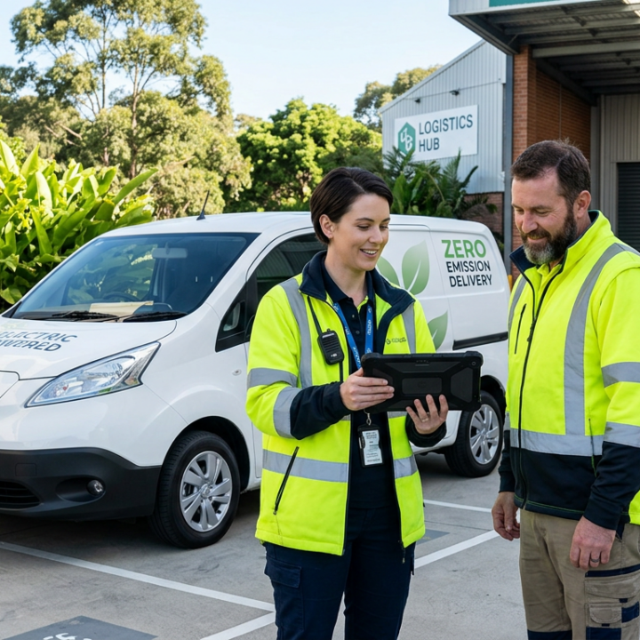 An electric delivery van parked beside a warehouse dispatch area, with a logistics manager and delivery driver reviewing delivery route on a tab.