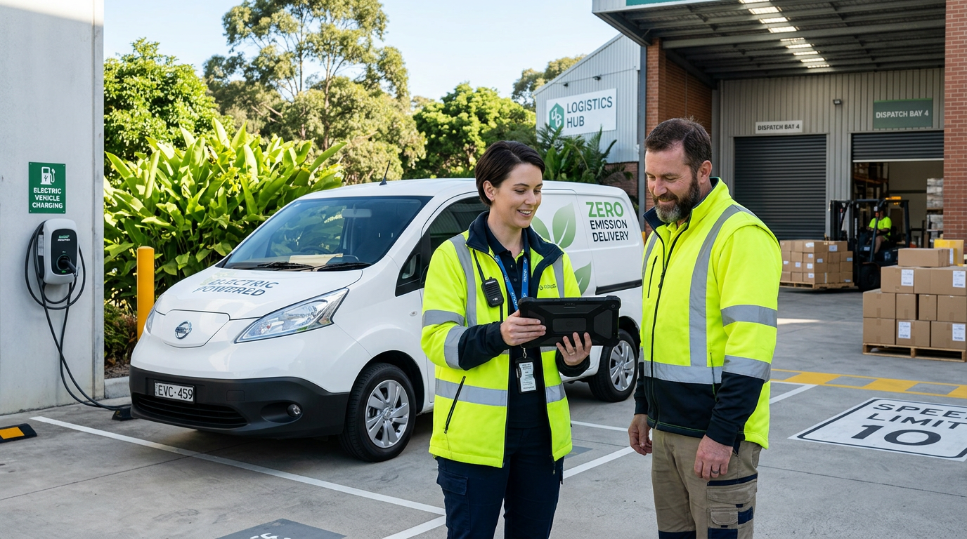 An electric delivery van parked beside a warehouse dispatch area, with a logistics manager and delivery driver reviewing delivery route on a tab.