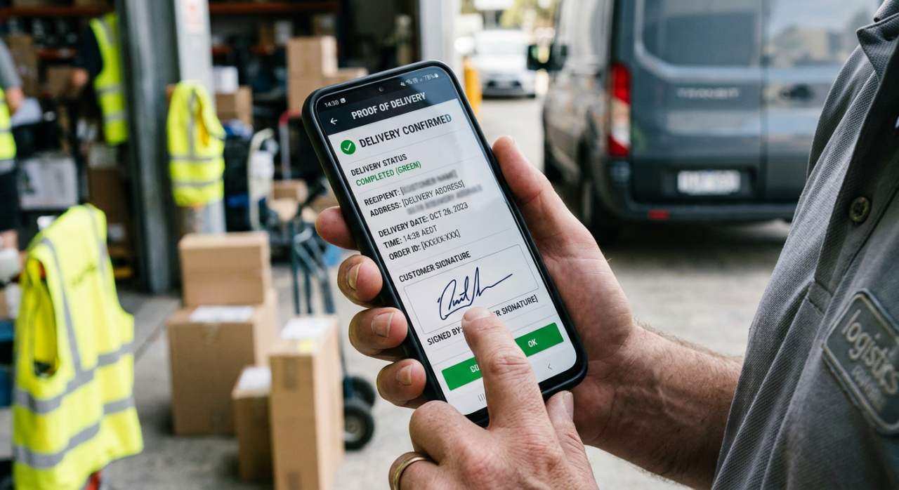 The screen shows a captured digital signature, timestamp, delivery confirmation details, and a simple completed status. 