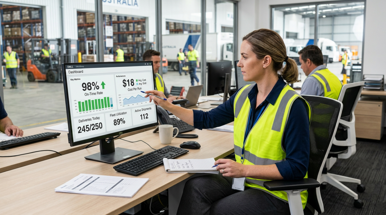 an operations manager in a yellow-green safety vest reviewing a performance dashboard on a desktop monitor 