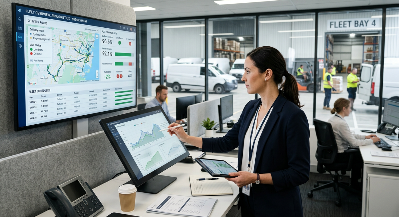 An operations manager reviewing delivery routes, fleet schedules, and logistics performance on a digital dashboard inside a modern transport office.