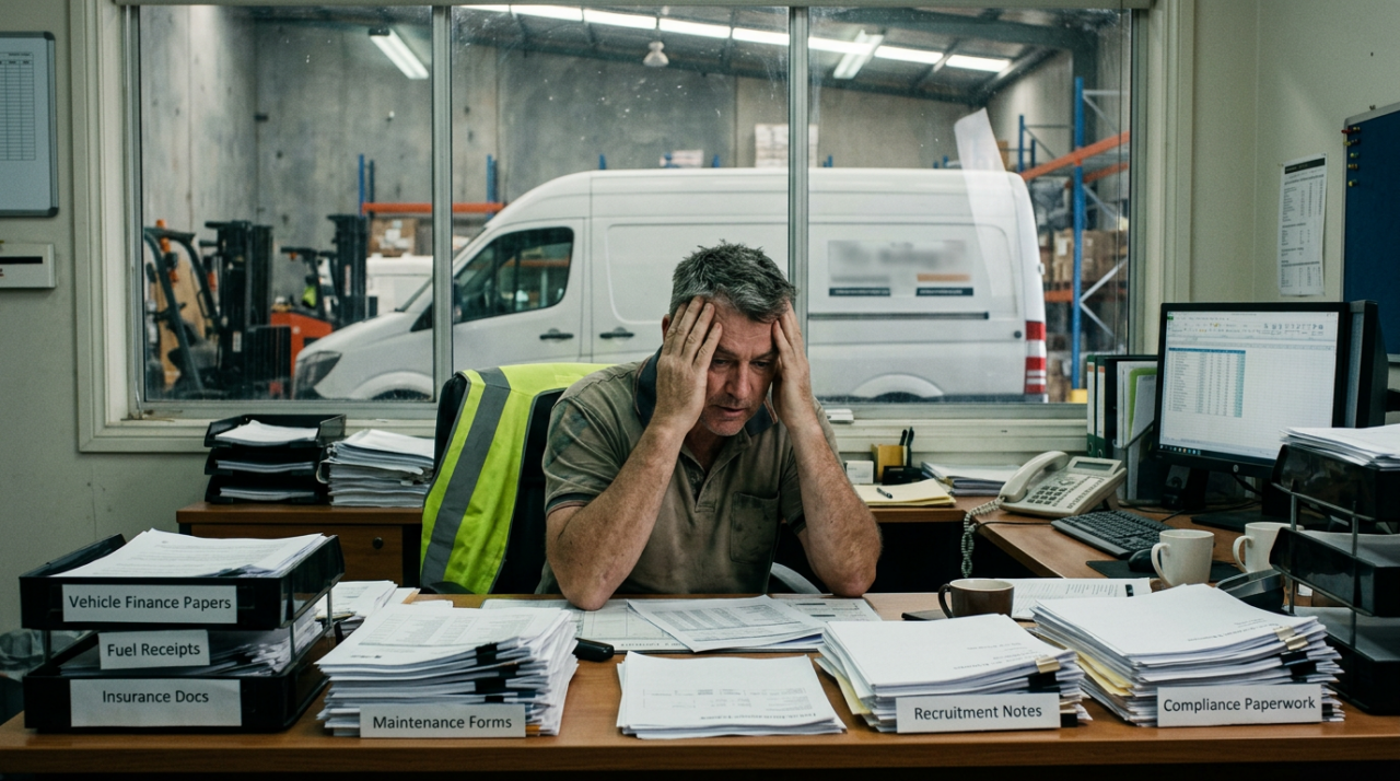 An overwhelmed operations manager sitting at a cluttered desk inside a warehouse office.