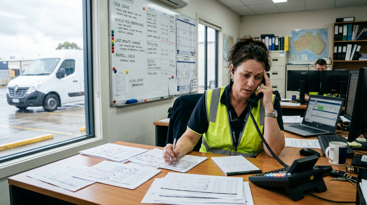 An overwhelmed operations manager trying to manage driver schedules, vehicle issues, and last-minute delivery problems. 