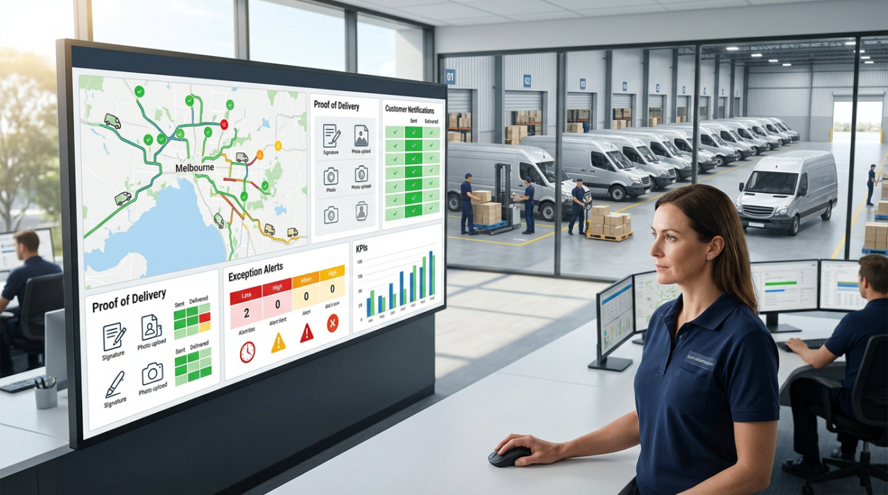 Australian logistics control room showing a clear contrast between basic delivery tracking and full B2B delivery management.