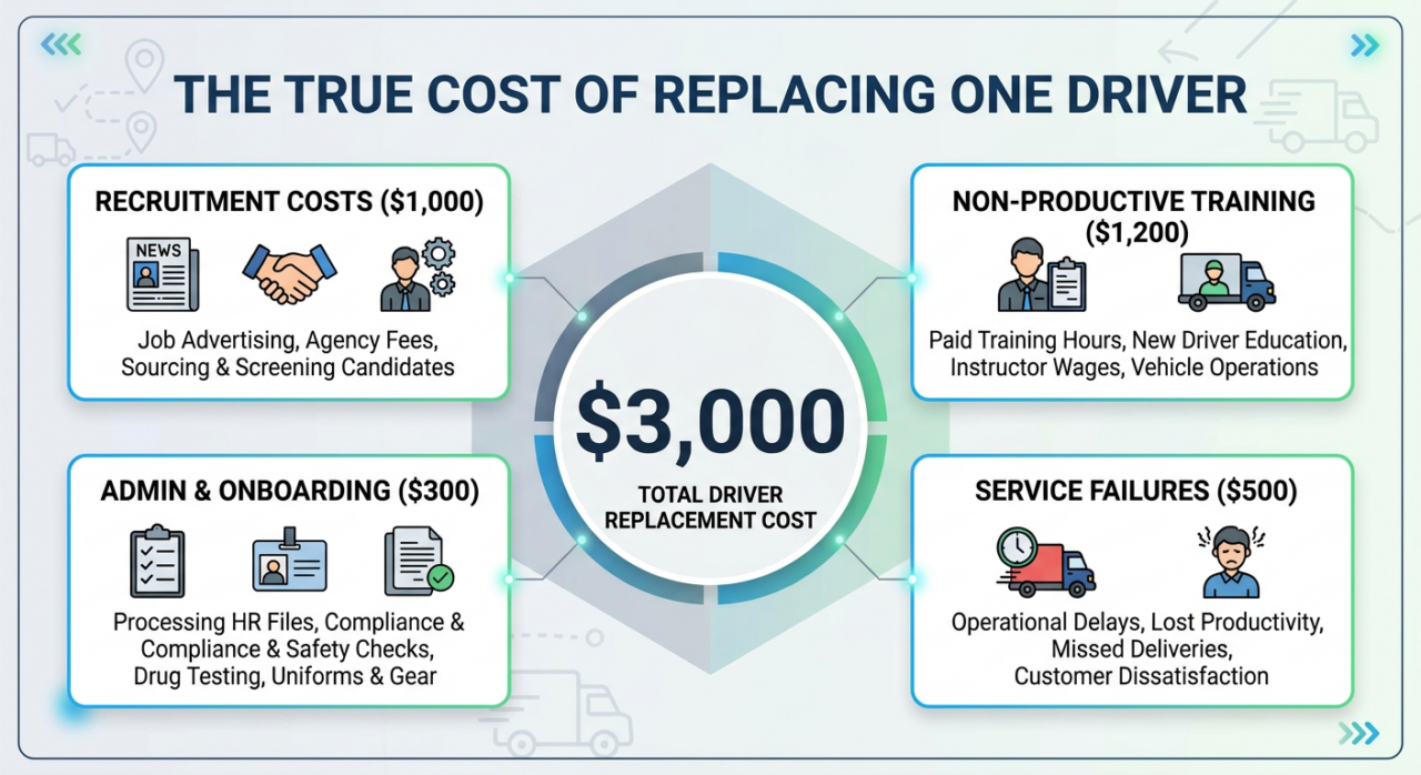 Business infographic titled “The True Cost of Replacing One Driver”.