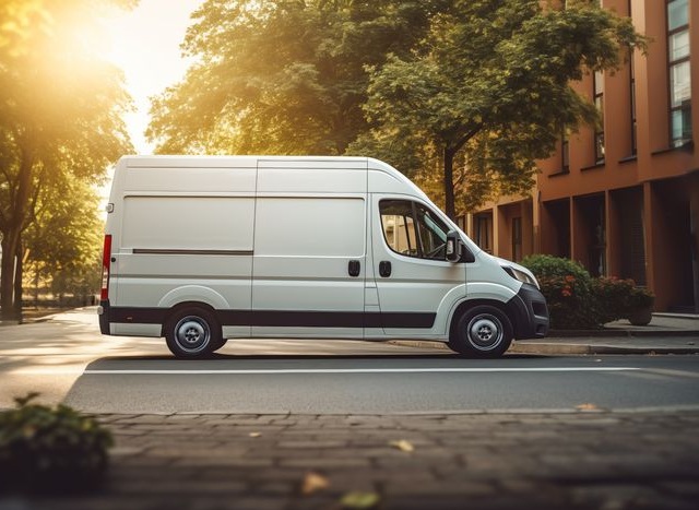 White cargo van in city street setting