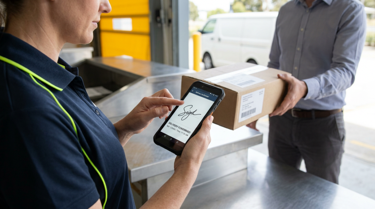A realistic close-up photo of a professional delivery driver using a smartphone or tablet to capture proof of delivery at a commercial receiving area.