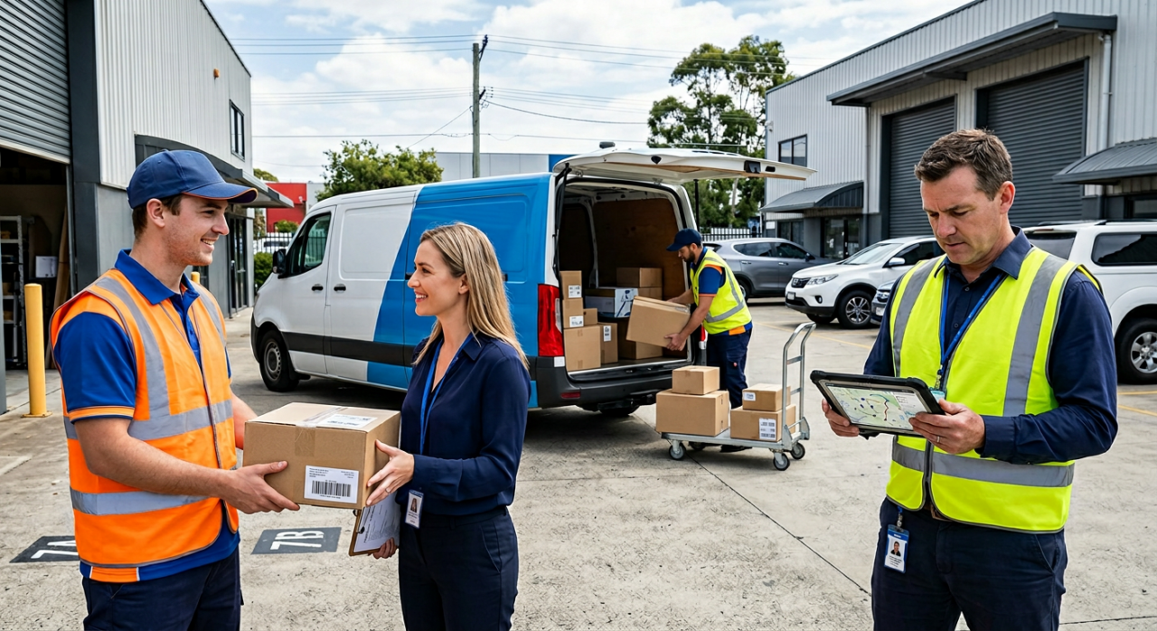 A real-world logistics scene showing a delivery partner handing over a package to a business client while a logistics manager reviews delivery routes on a tablet nearby.