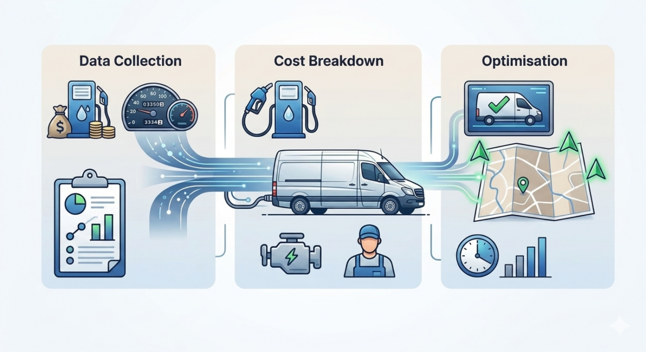 A clean, modern infographic-style visual showing a 3-step process for delivery cost analysis.