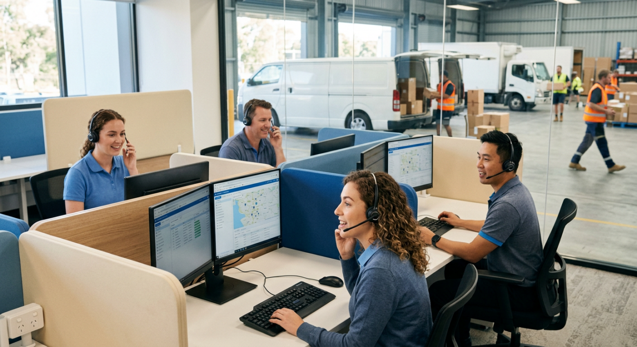 A friendly and professional customer support team in a logistics environment, wearing headsets and actively assisting clients while using computers.