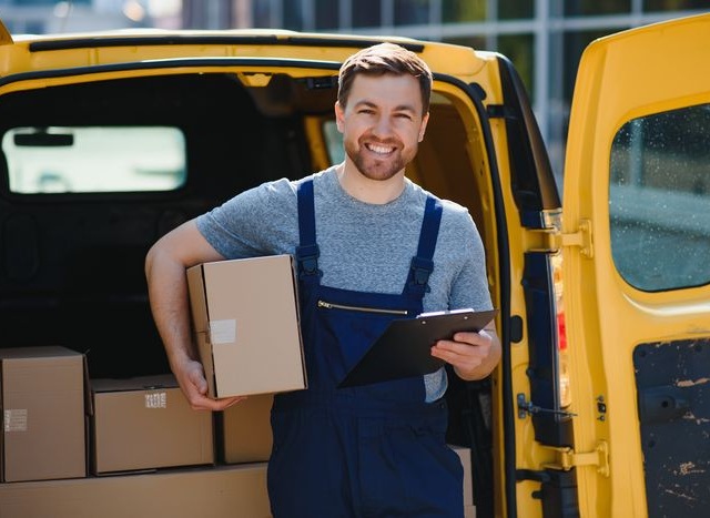 Delivery men unloading moving boxes from car.
