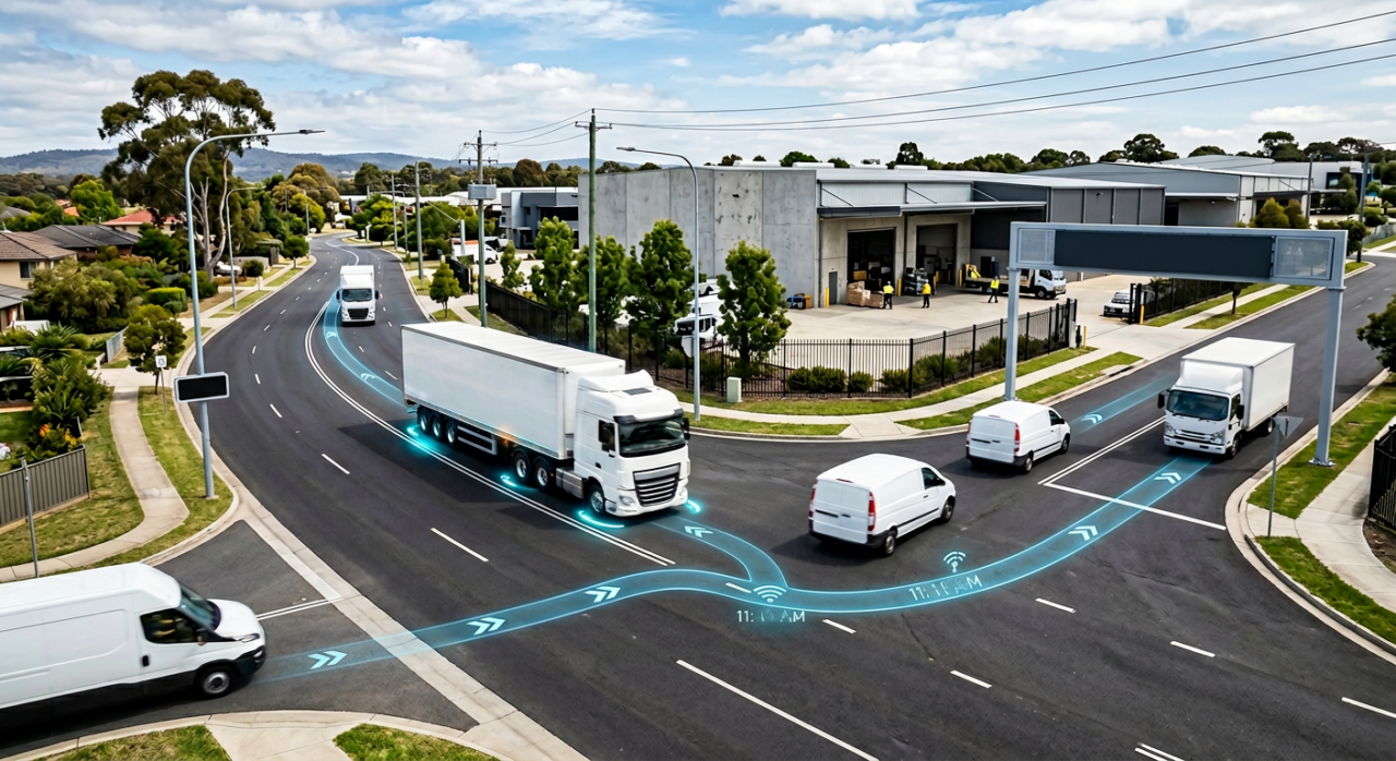 A dynamic delivery scene showing multiple trucks and vans moving along organised routes.