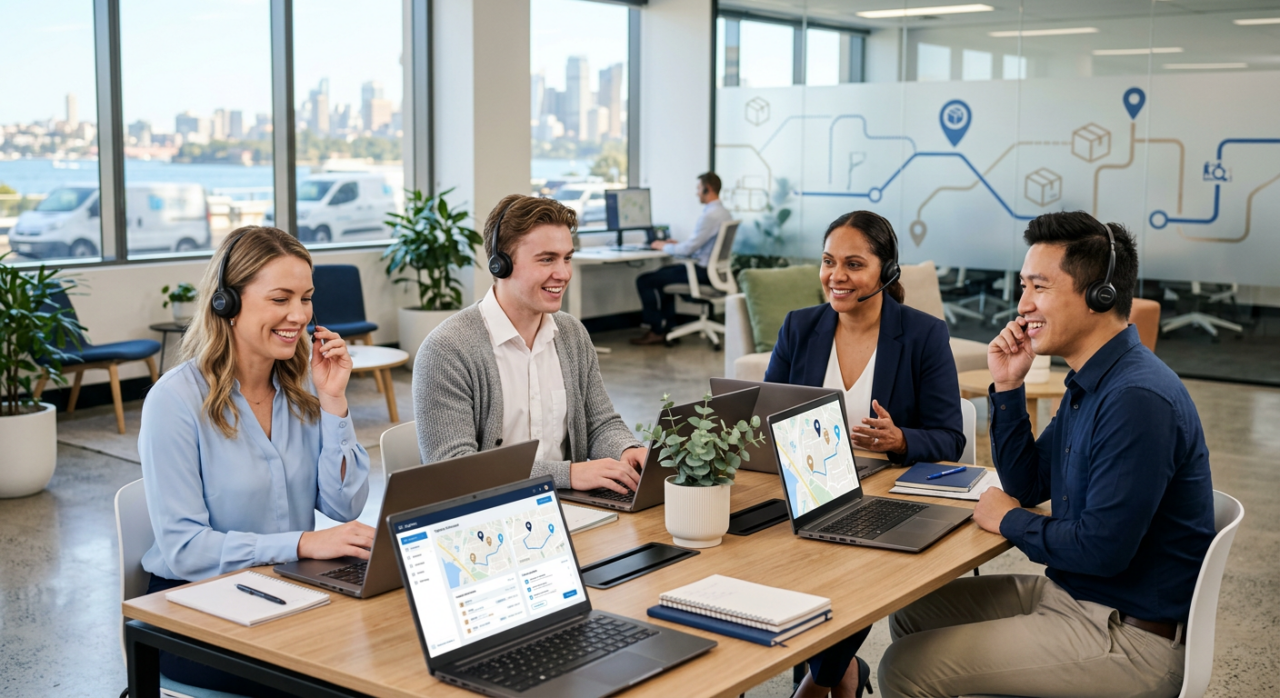 Customer support agent assisting a business client via video call, both smiling and engaged, with delivery-related visuals on screen, modern and professional setting.