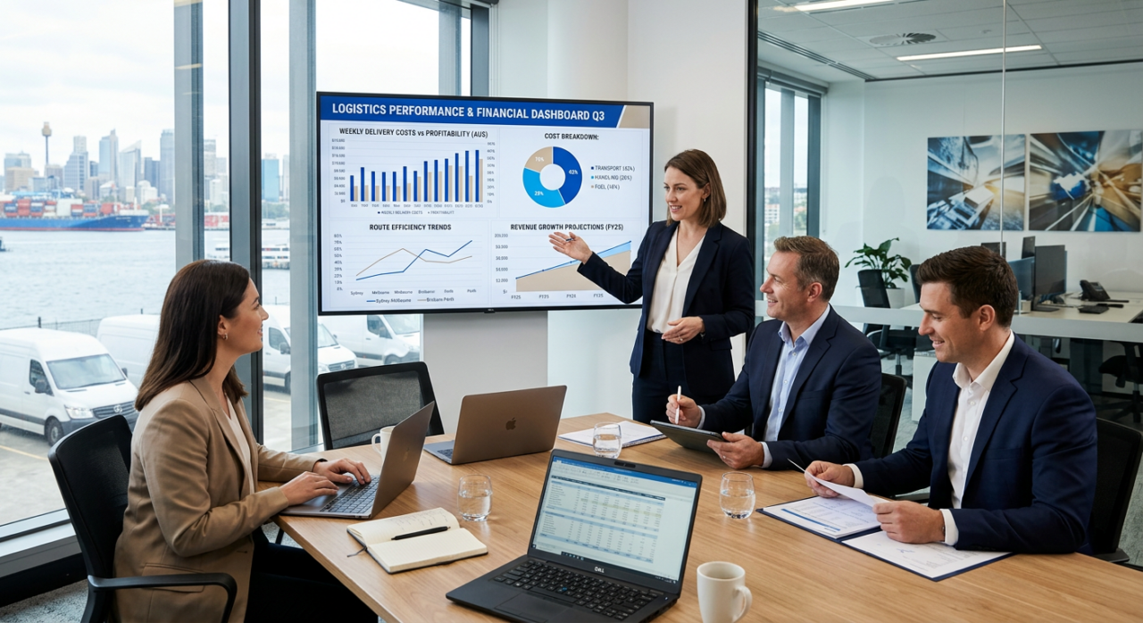 A professional financial strategy session in a modern office — a small group of business executives and logistics managers reviewing financial data on a screen and laptops, discussing delivery costs, profitability, and operational efficiency.