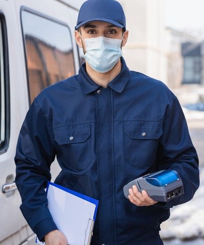 arabian courier in medical mask holding payment terminal and clipboard while standing near car