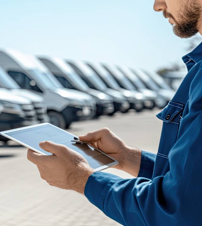 A manager examines a tablet, checking fleet details of white delivery vans parked neatly in a commercial lot