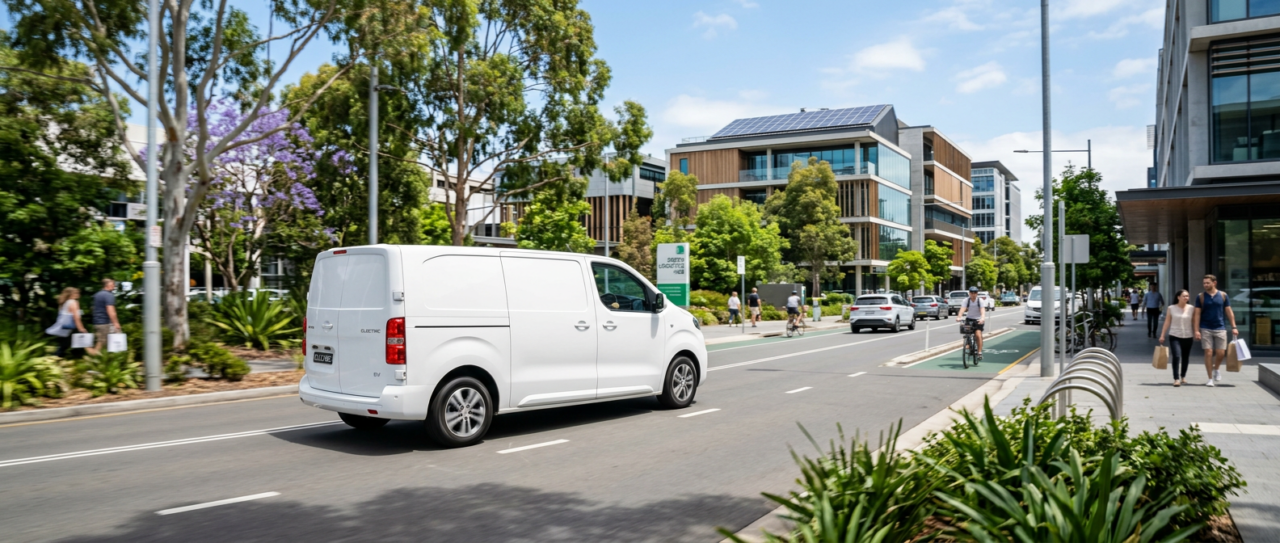 A modern, white electric delivery van driving on a sun-drenched city street.