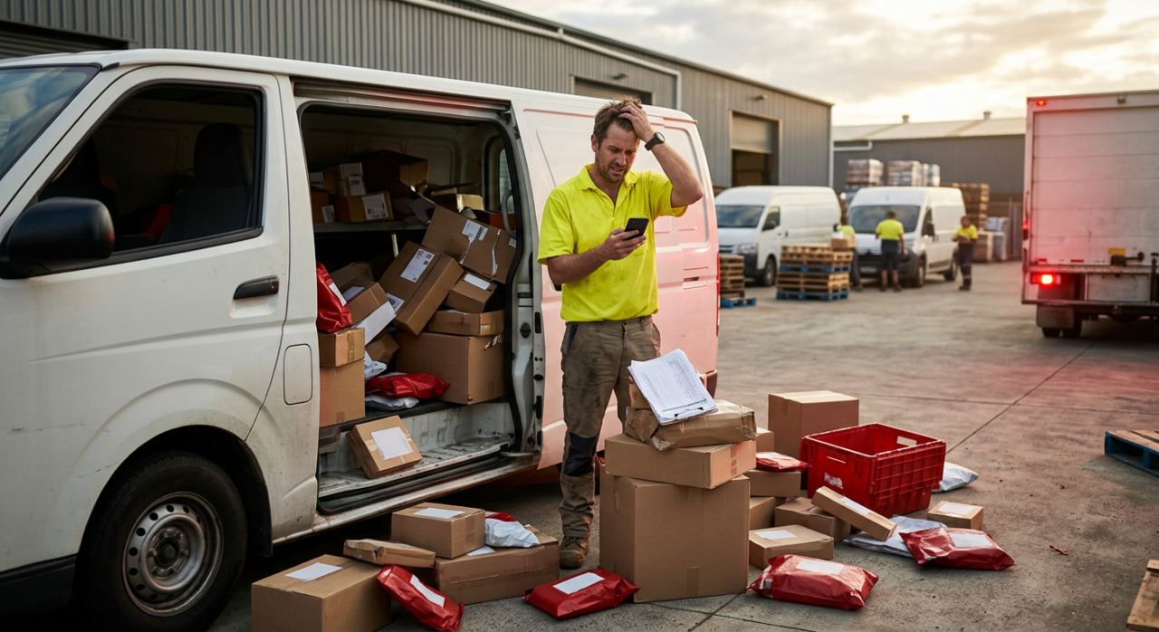 A chaotic delivery scene where a driver is overwhelmed — multiple packages scattered around an open van, phone in hand, appearing stressed while managing delivery issues.