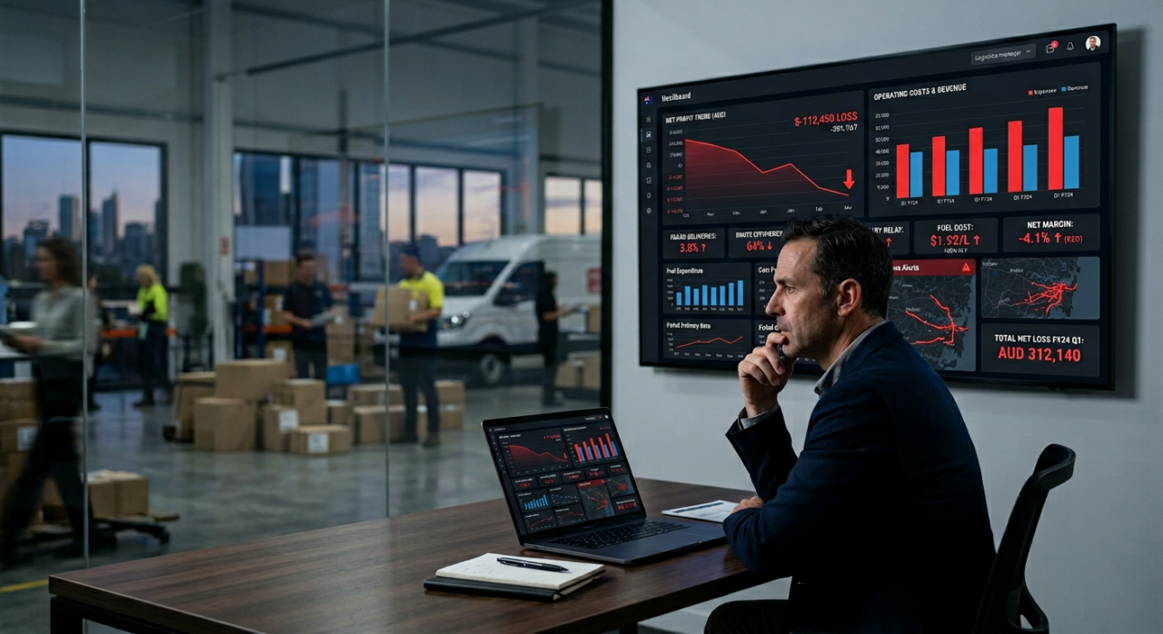 Logistics or finance manager looking stressed while reviewing a laptop with declining profit charts and rising delivery costs, dim office lighting, subtle warehouse or transport visuals in the background.