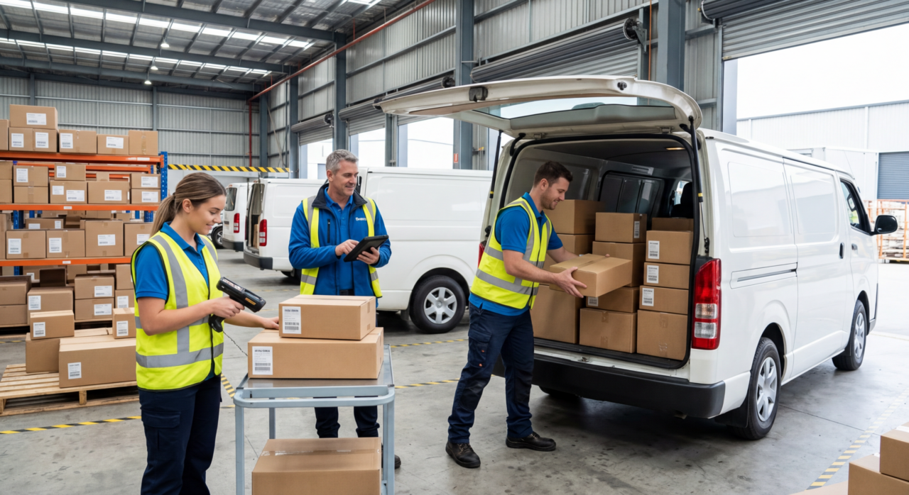 A professional delivery team actively working together in a clean logistics environment.