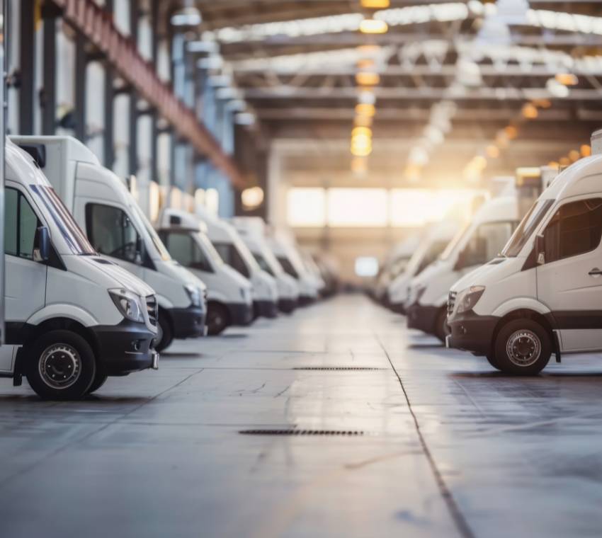 White delivery vans lined up in a warehouse
