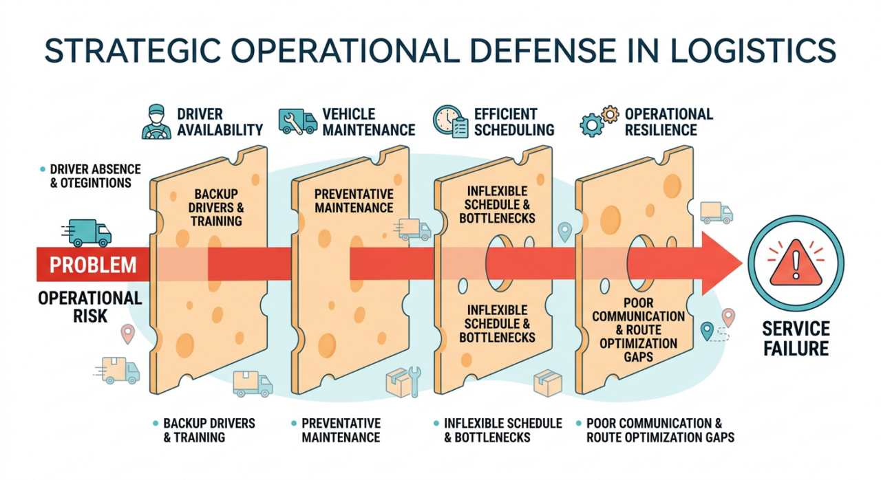 A clean schematic business diagram showing four semi-transparent slices of Swiss cheese representing layers of operational defence in a delivery fleet. An arrow labelled “Problem” attempts to pass through the layers, with the first slices blocking risk but the aligned holes in the final slices allowing the arrow to reach a simple “Service Failure” warning icon.