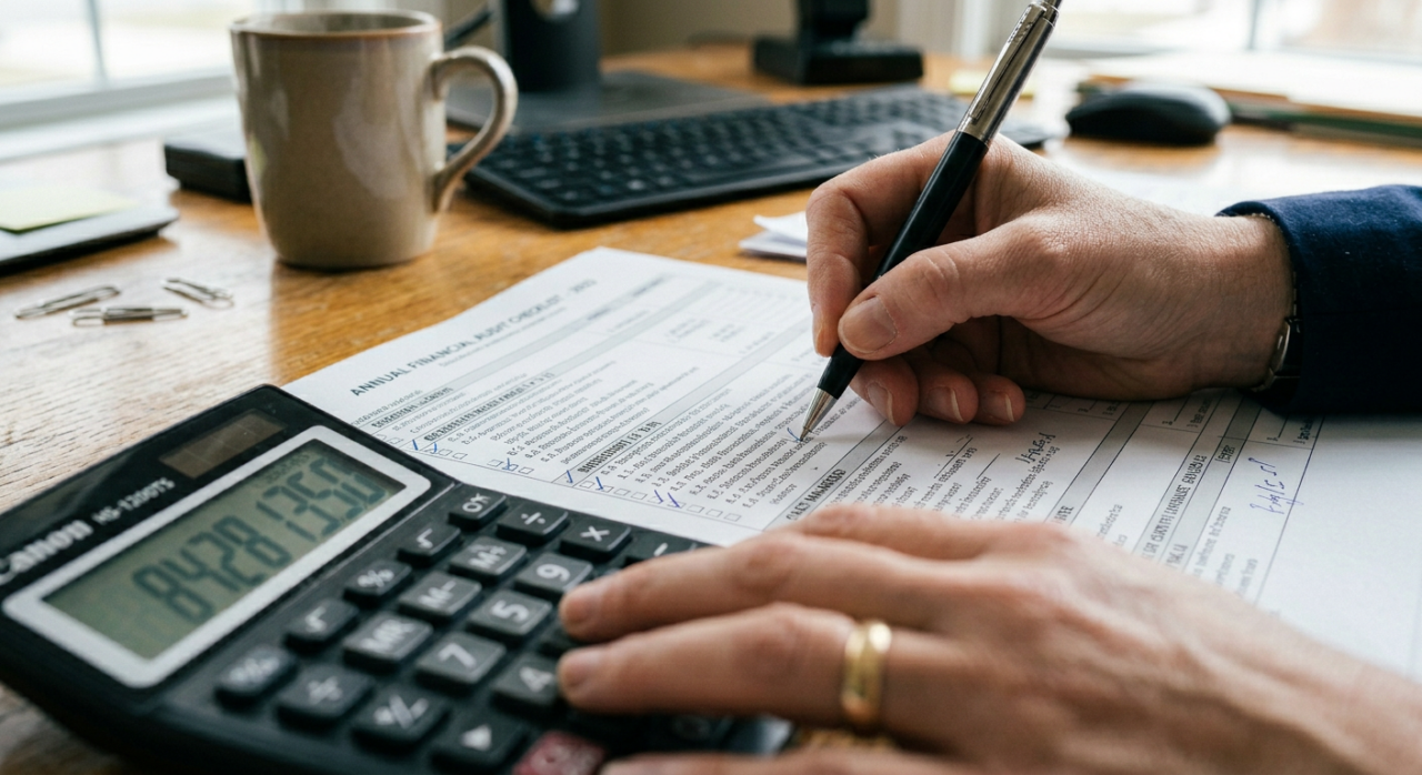 A macro shot of hands at a desk, checking off items on a professional audit form with a pen and calculator.