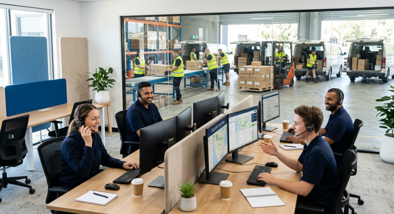 A friendly and professional customer support team in a modern logistics environment — team members wearing headsets and assisting clients while monitoring delivery systems on screens.