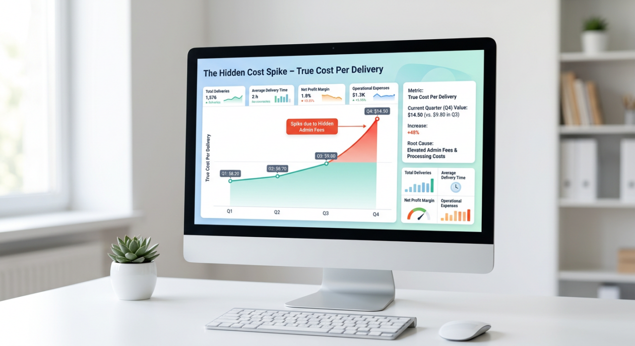 A desktop display of a simple dashboard showing the True Cost Per Delivery metric spiking upwards due to hidden admin fees. 