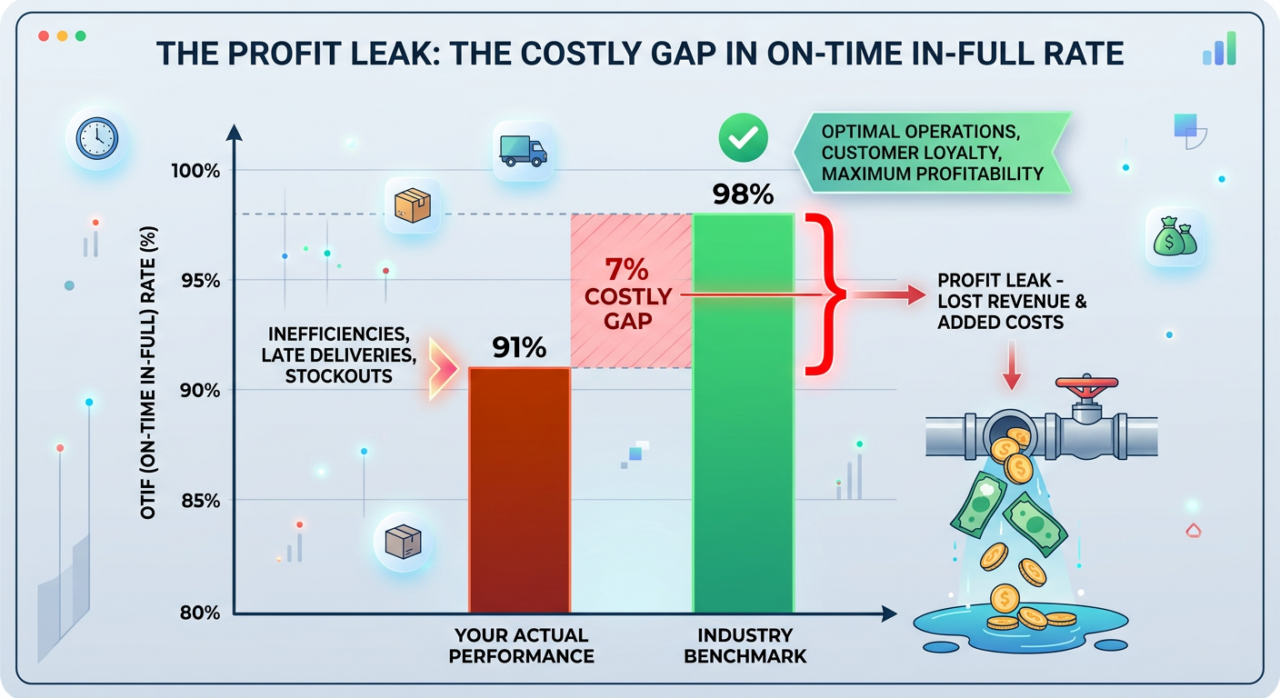  A simple annotated graph showing the costly 7% gap between a 91% On Time In Full rate and the 98% industry benchmark, resulting in lost revenue.