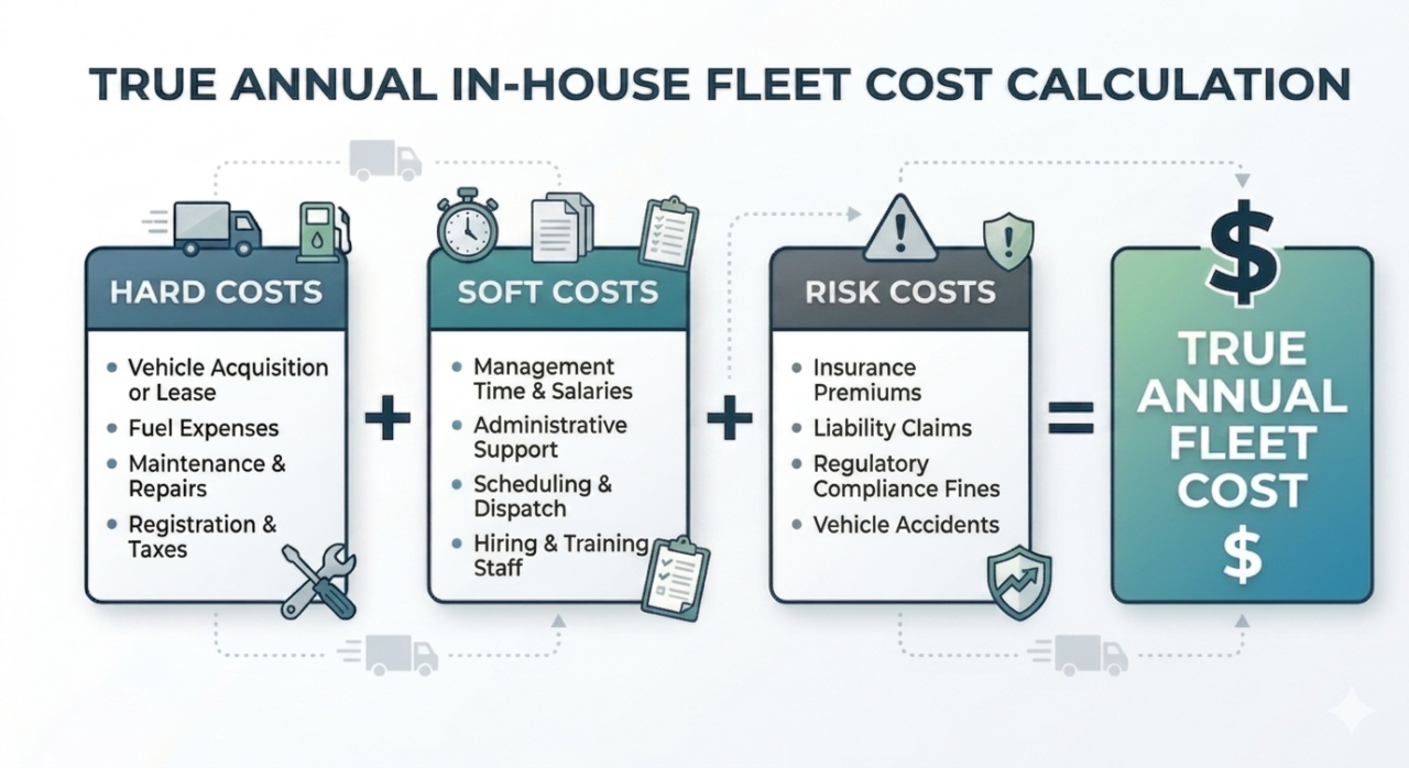 A simple formula for calculating the true annual cost of managing an in-house fleet. Include three distinct professional boxes labelled “Hard Costs,” “Soft Costs,” and “Risk Costs,” connected with plus signs and leading to a larger final box labelled “True Annual Fleet Cost.”