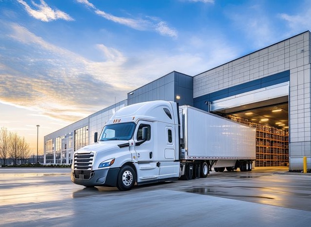 White semi-truck parked at distribution center for delivery or shipment