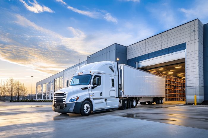 White semi-truck parked at distribution center for delivery or shipment