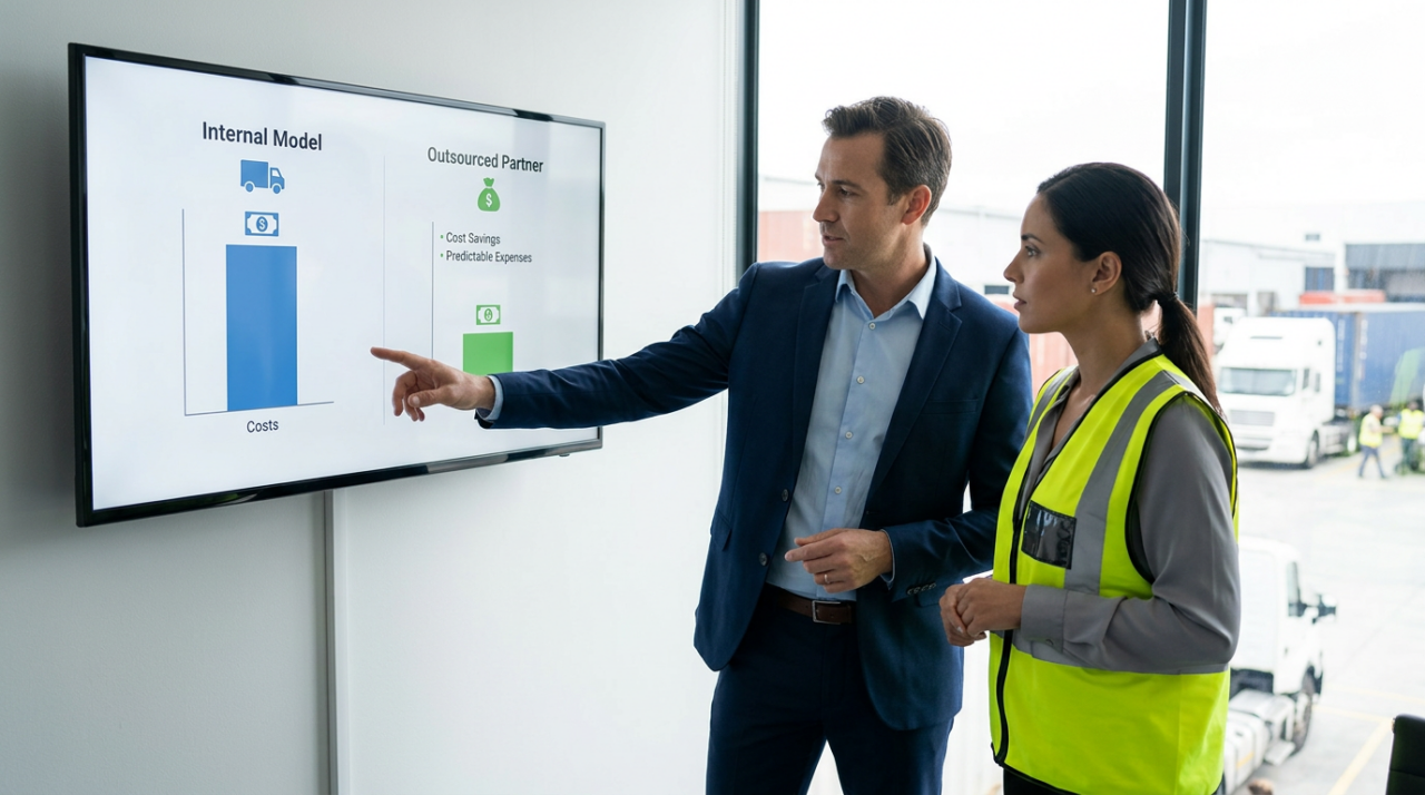 two business leaders reviewing fleet cost options on a large monitor in a modern logistics office.