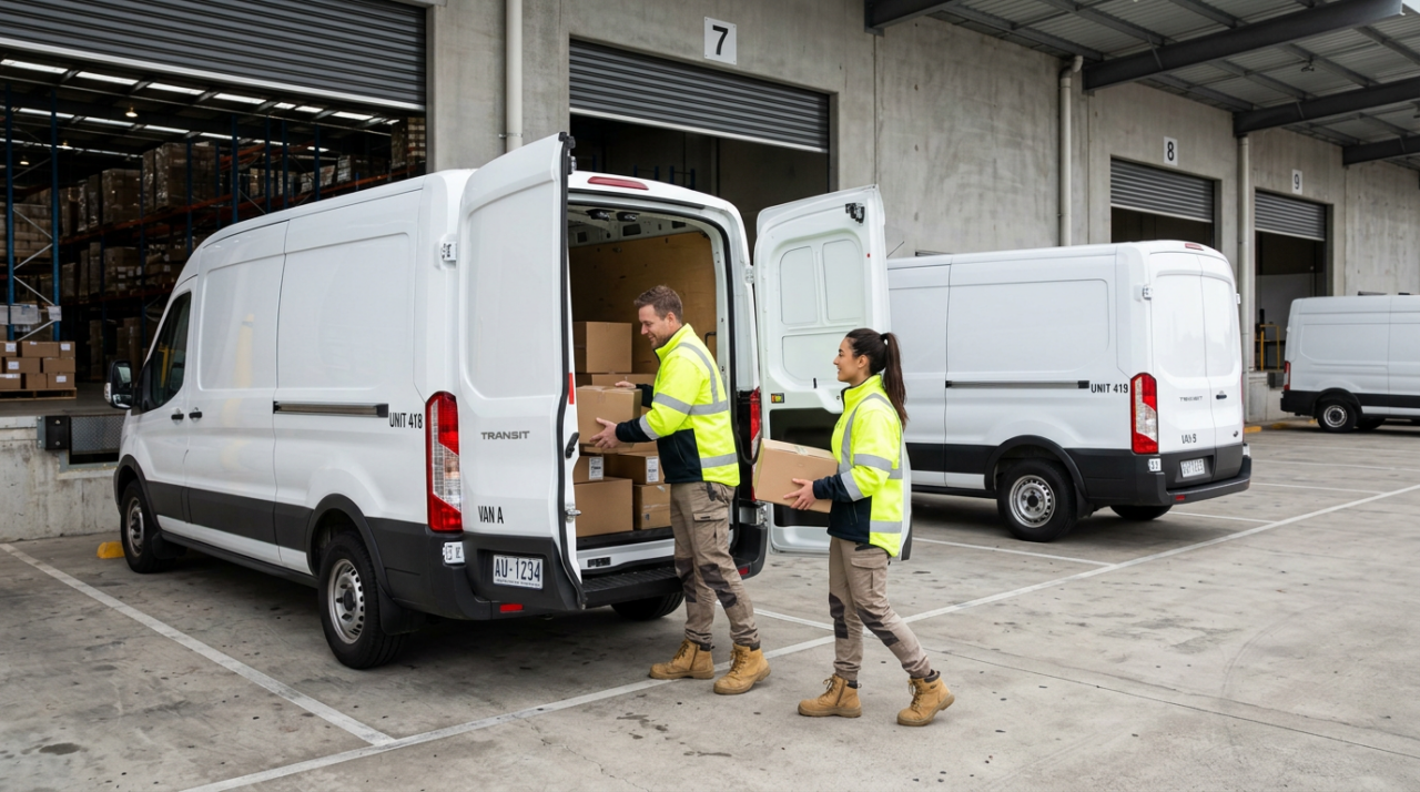 Two logistics team members wearing yellow-green safety jackets loading parcels into a clean delivery van at a warehouse dispatch bay.