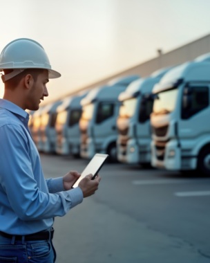 Logistics manager checks fleet vehicles location using GPS app. Manager stands on road in front of many parked trucks. Monitors trucks real-time locations for effective supply chain management. Image