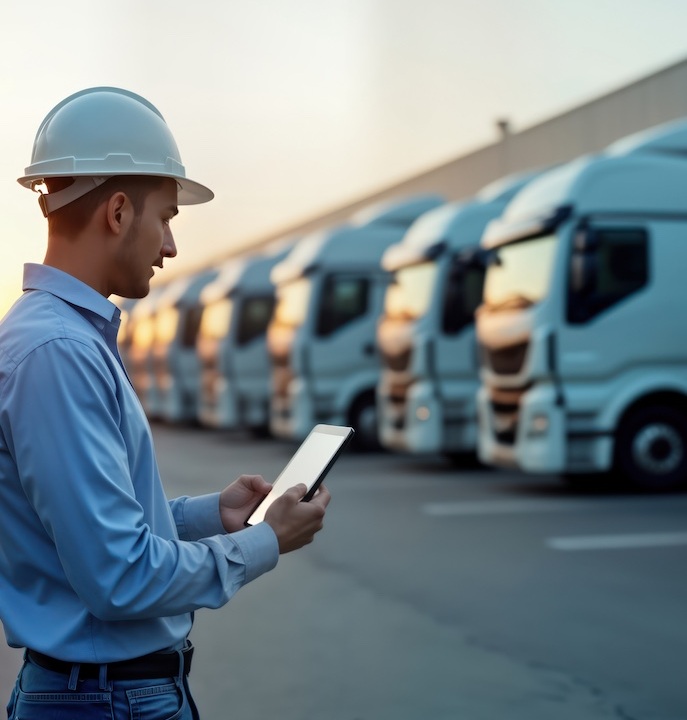 Logistics manager checks fleet vehicles location using GPS app. Manager stands on road in front of many parked trucks. Monitors trucks real-time locations for effective supply chain management. Image