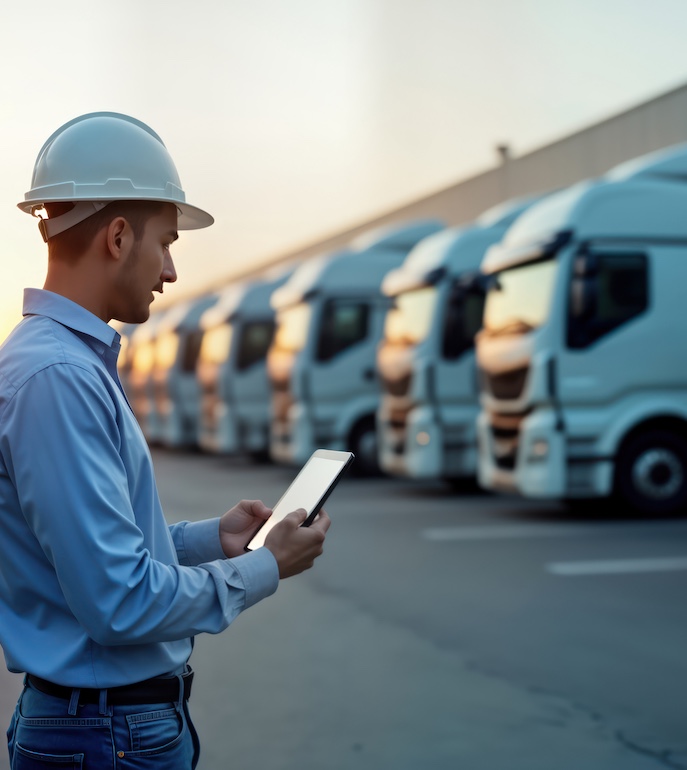 Logistics manager checks fleet vehicles location using GPS app. Manager stands on road in front of many parked trucks. Monitors trucks real-time locations for effective supply chain management. Image
